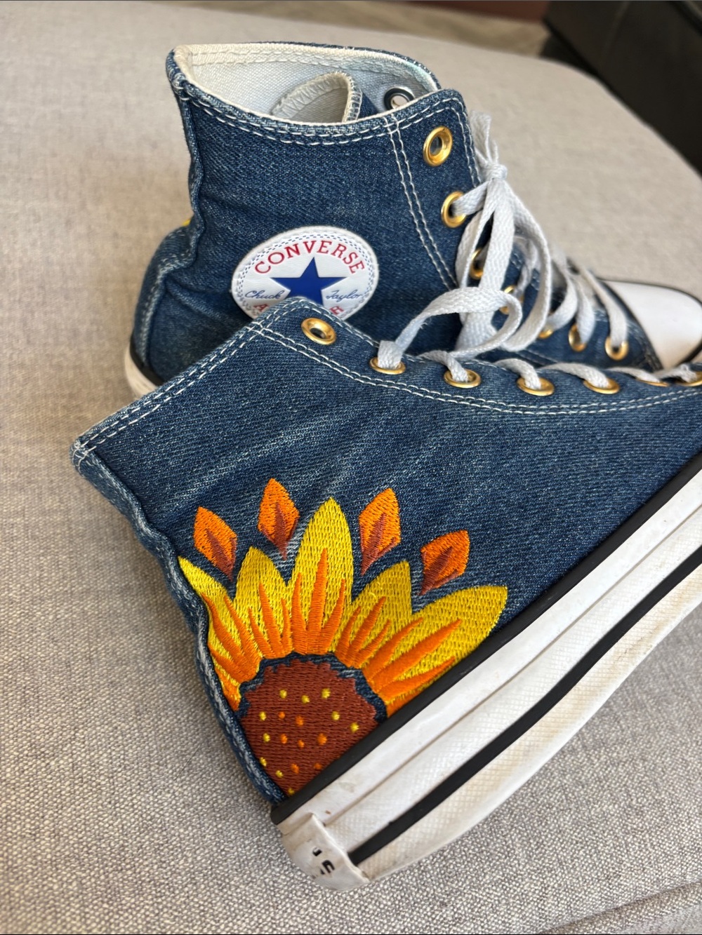 Converse Chuck Taylor Custom Hi Floral Embroidery Sunflower Sneakers in Denim 8 - Picture 9 of 10